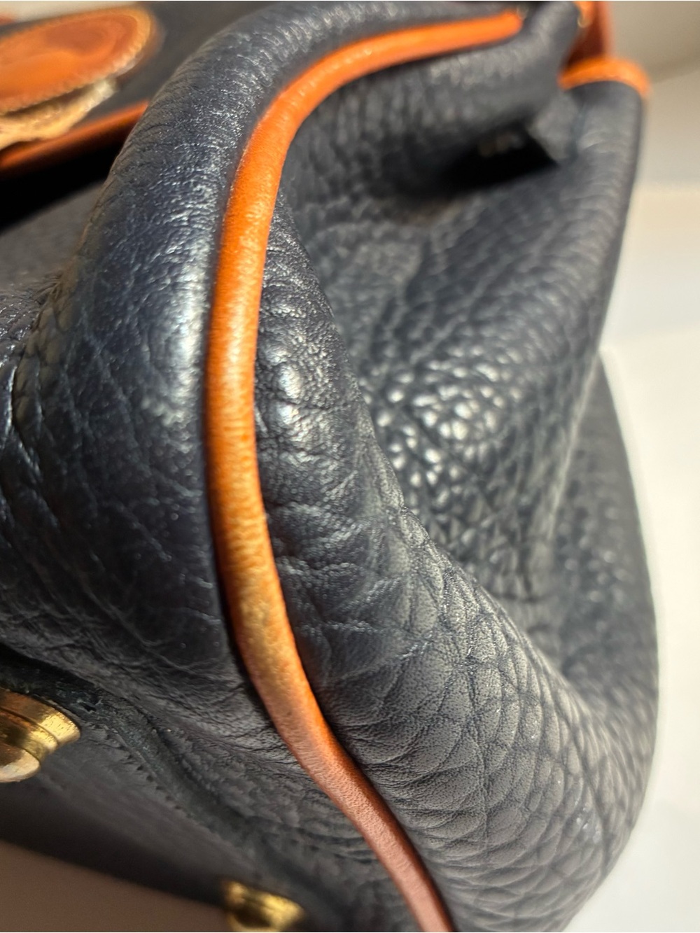 Vintage 80’s Dooney & Bourke Black Pebbled Leather Satchel with Brown Trim Navy - Picture 9 of 15